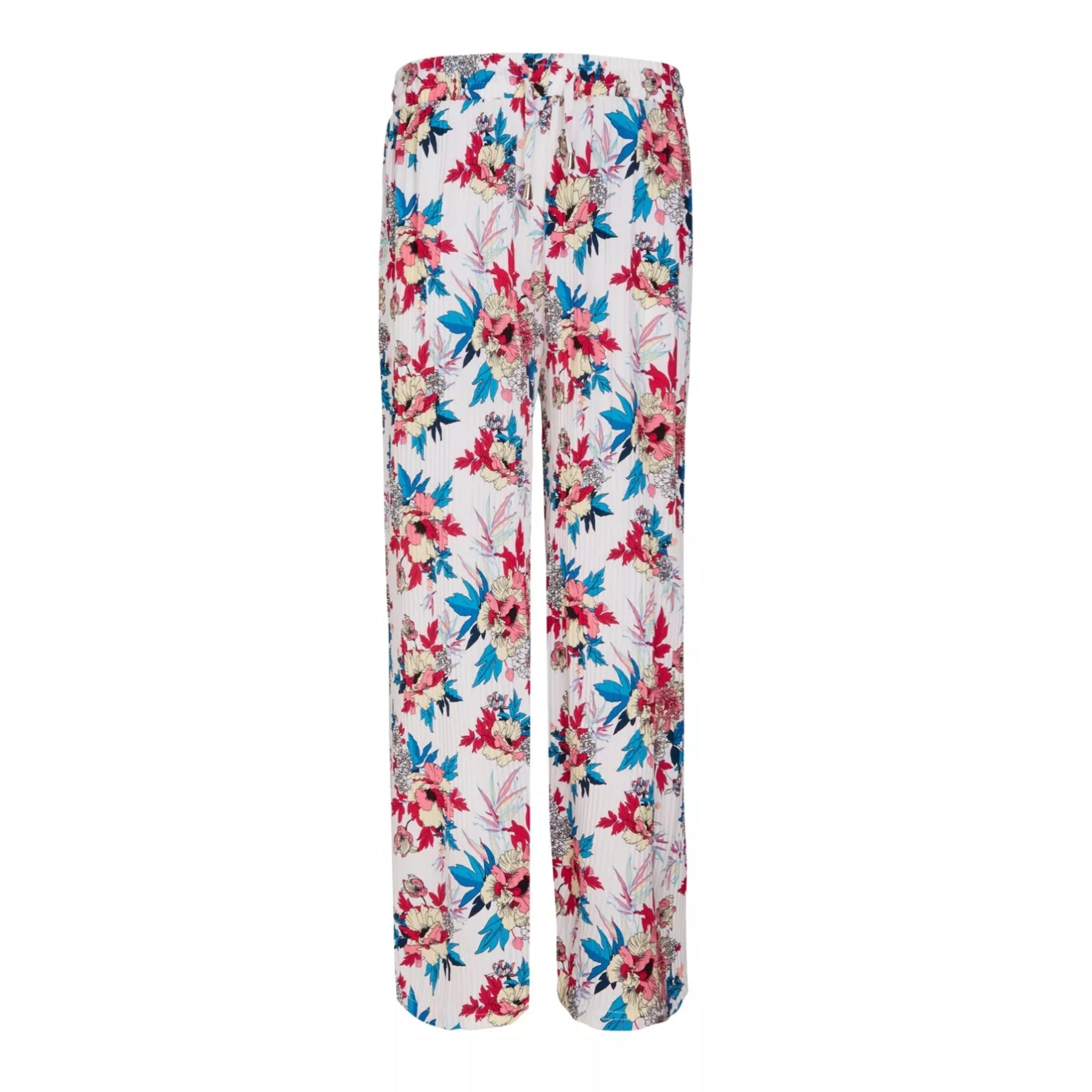 Ladies floral palazzo trousers – lightweight wide leg summer pants with white background and red, blue and pink flower pattern